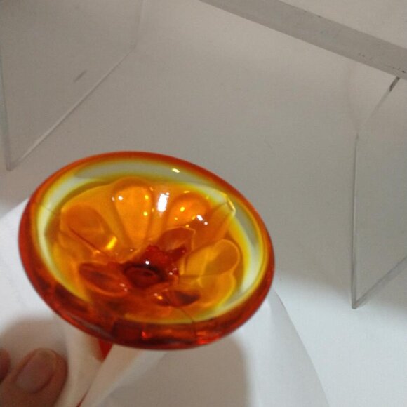 Viking 6 Petal Compote, 60s MCM Epic Line Amberina Pedestal Bowl, Orange Art - Picture 7 of 8